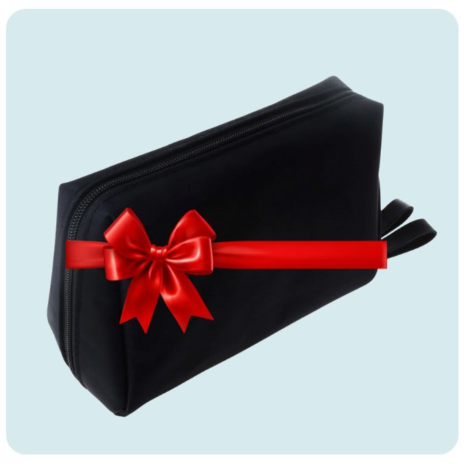 Pochette impermeabile nera con zip e fiocco rosso, in regalo con il set