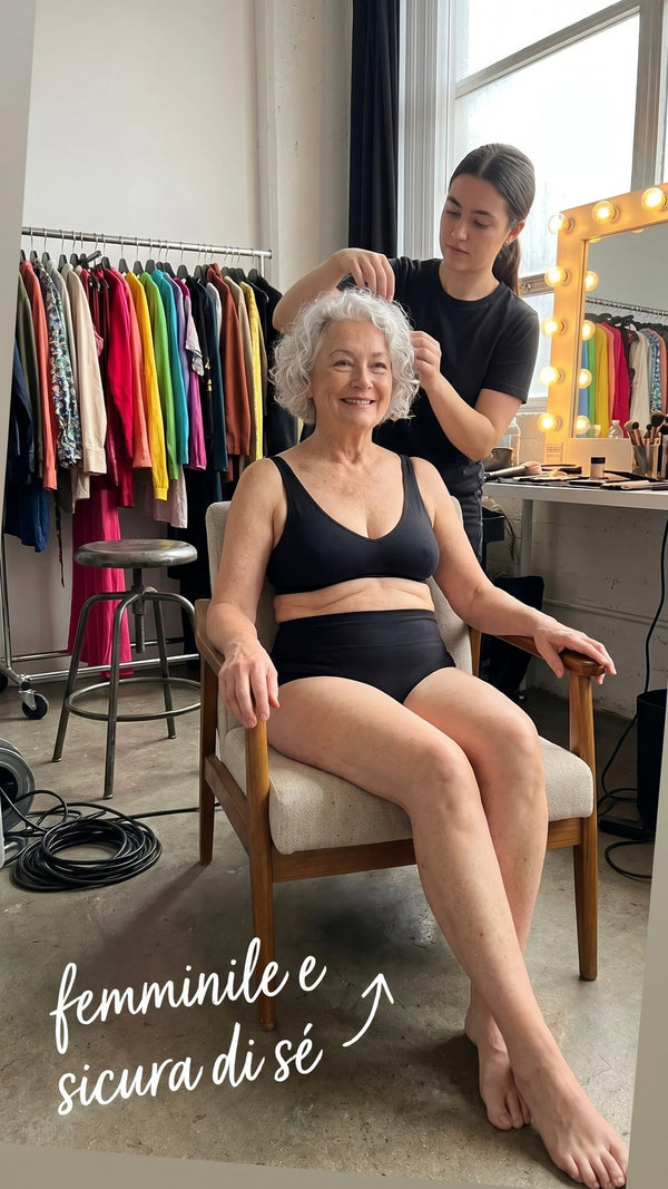 Donna sulla sessantina che si fa sistemare i capelli in camerino, con lo slip lavabile Fresia nero a vita alta