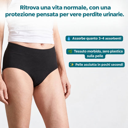 Donna in slip assorbente nero a vita alta: assorbe quanto 3-4 assorbenti, tessuto morbido senza plastica, pelle asciutta in pochi secondi
