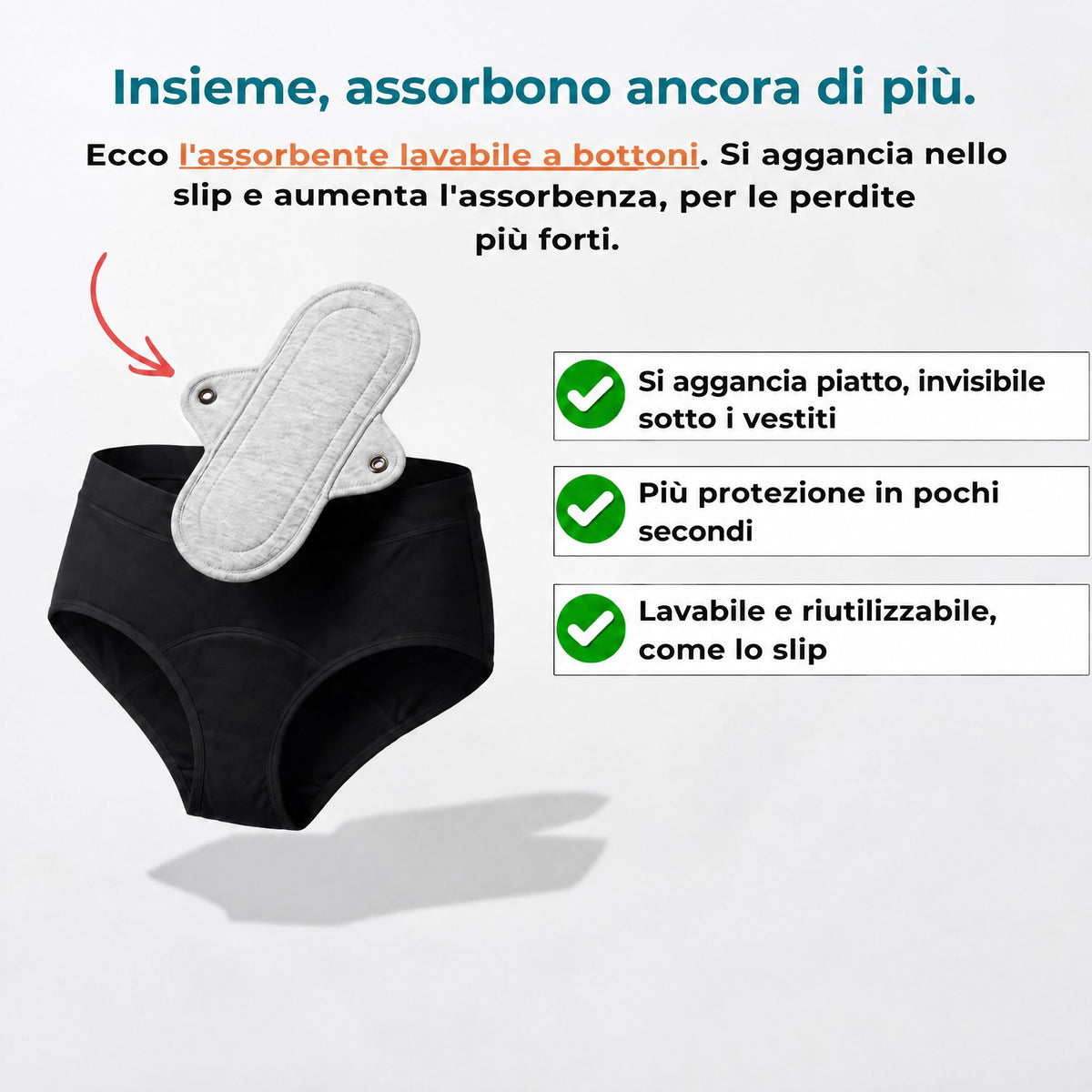 Slip nero con il suo assorbente lavabile a bottoni, che si aggancia dentro per assorbire di più