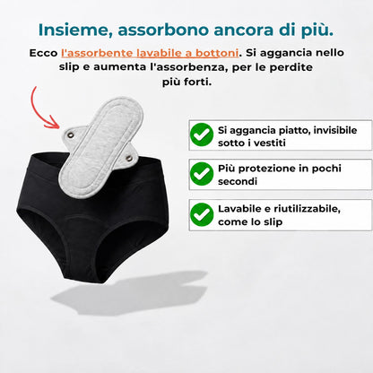 Slip nero con il suo assorbente lavabile a bottoni, che si aggancia dentro per assorbire di più