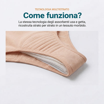 Primo piano del fondo dello slip beige: gli strati assorbenti sovrapposti, tecnologia multistrato