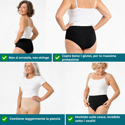 Quattro donne tra i 50 e i 70 anni in slip a vita alta: non si arrotola, copre bene, contiene leggermente la pancia, invisibile sotto i vestiti
