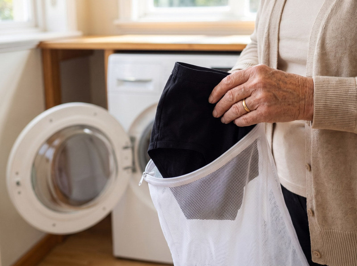 Mani che mettono uno slip nero nel sacchetto a rete, davanti alla lavatrice