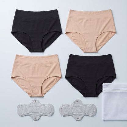 Confezione da 4 slip, 2 neri e 2 beige, con 2 assorbenti lavabili e 1 sacchetto per lavatrice