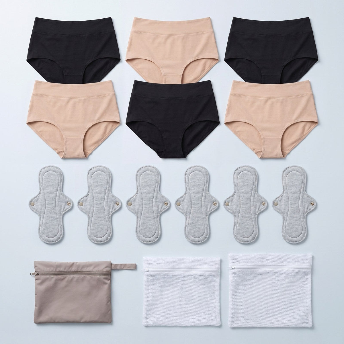 Confezione da 6 slip, 3 neri e 3 beige, con 6 assorbenti lavabili, 1 pochette impermeabile e 2 sacchetti per lavatrice