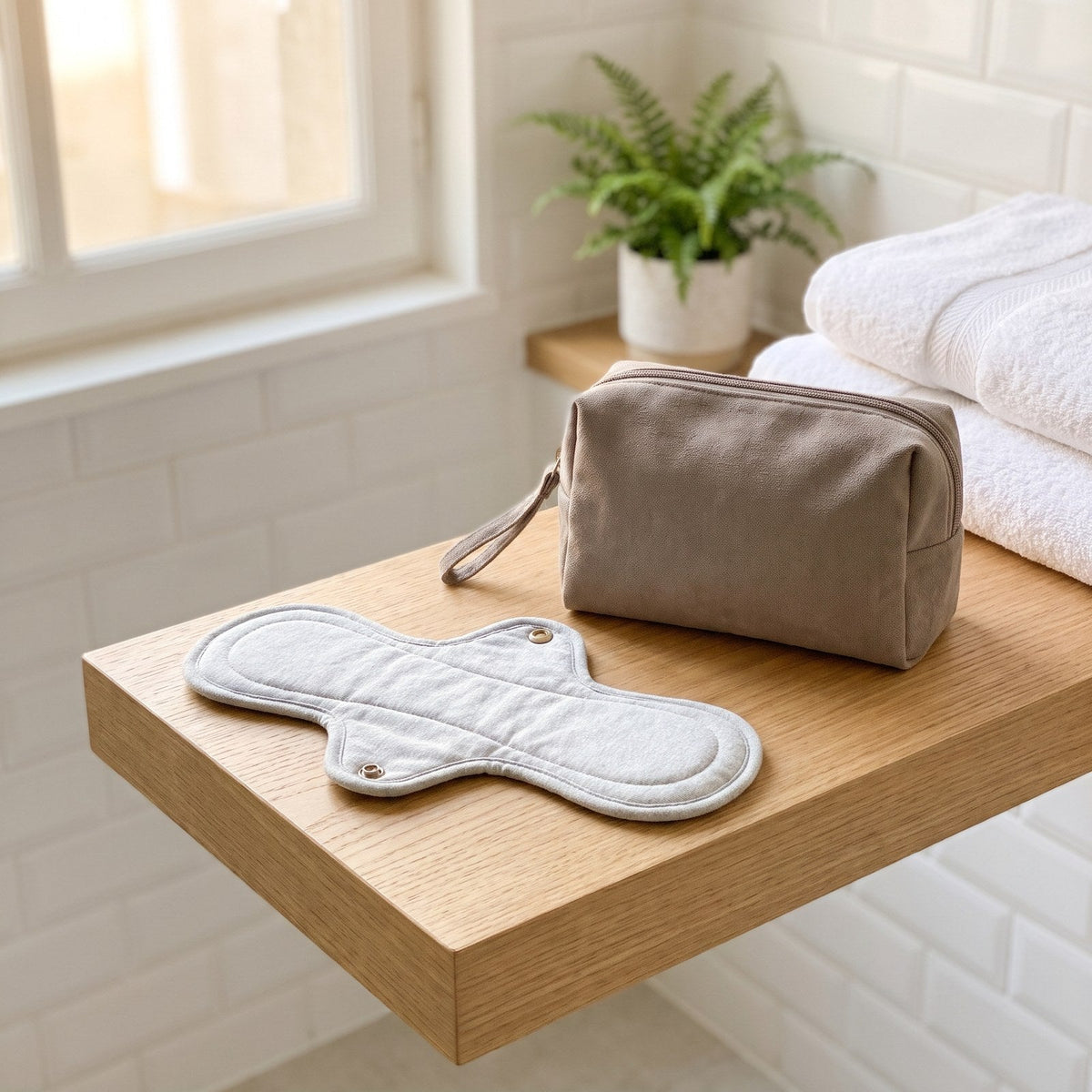 Assorbente lavabile e pochette impermeabile con zip su una mensola del bagno